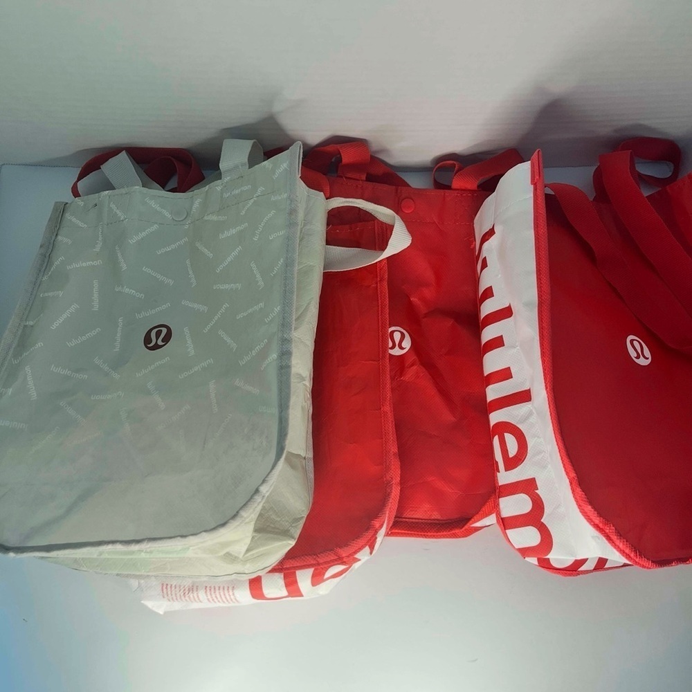 Lululemon Lot of 4 White and Red Grey and Red Reusable Tote Bags Grocery Bags - Picture 4 of 4